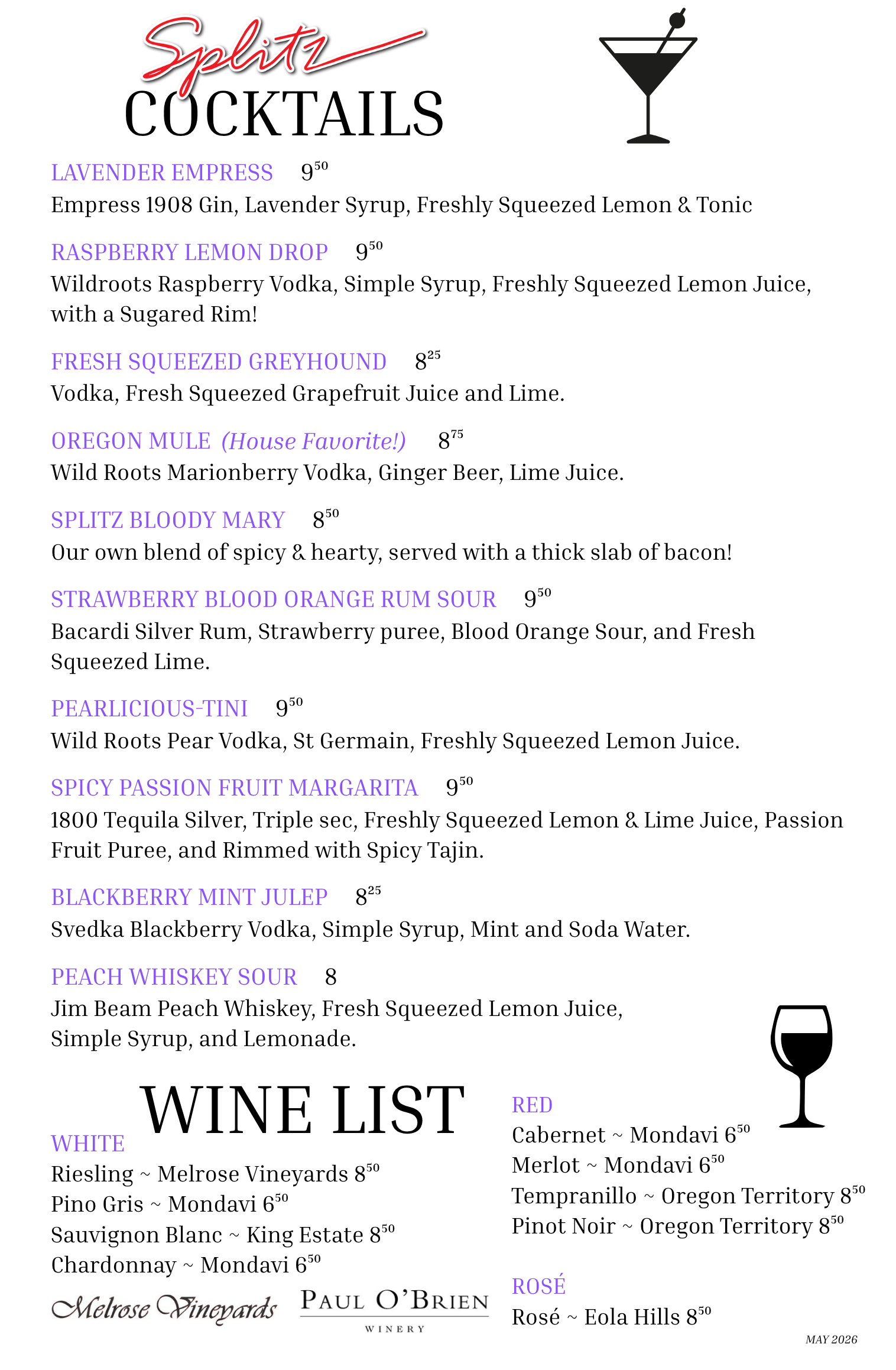 New Splitz Cocktail Menu